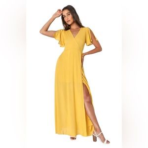 Lulus Golden Yellow Wrap Maxi Dress Flutter Sleeve Slit Size S